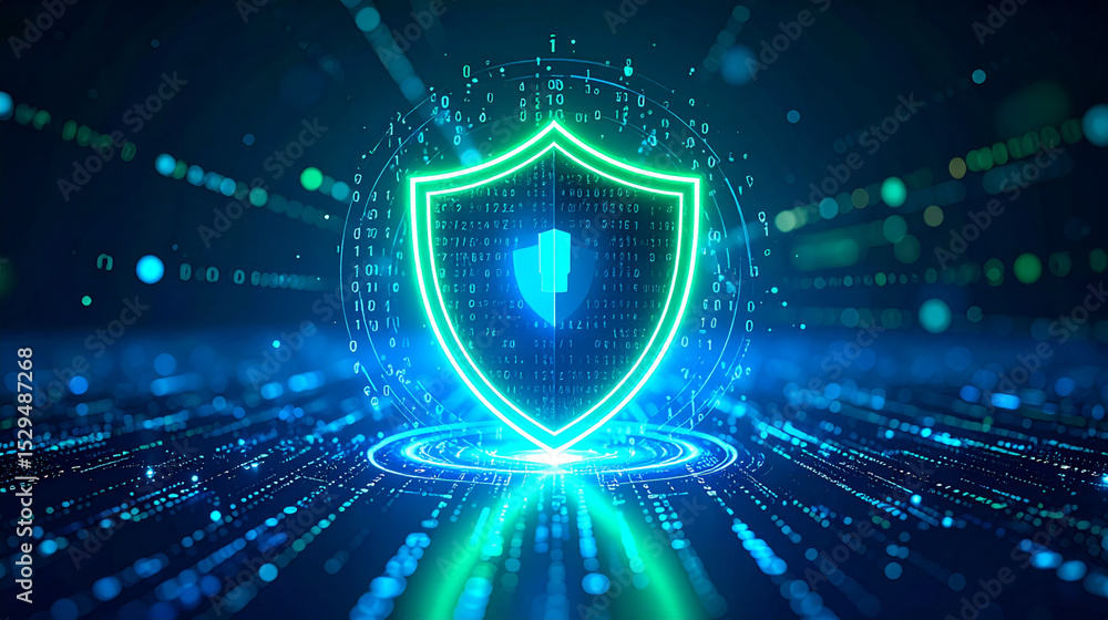 Poster a glowing digital shield surrounded by encrypted binary codes, neon blue and green