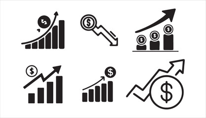 Set of Black Financial Growth Icons with Dollar Signs and Bar Charts – Vector Illustration eps 10
