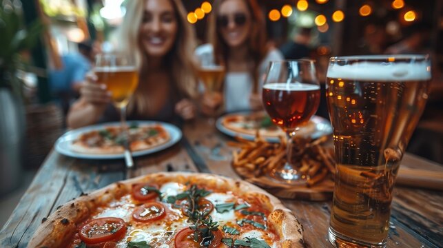 A delightful scene of friends clinking glasses, surrounded by delicious pizza and golden fries, celebrating togetherness and fun in a lively atmosphere.