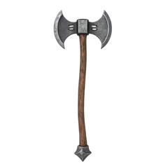 Powerful Double-Bladed Battle Axe with Wooden Handle and Steel Blades on Transparent Background Asset