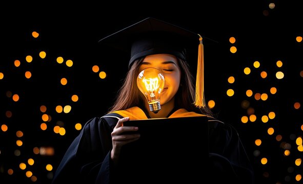 A graduate with a glowing lightbulb, illuminated by celebratory bokeh - Powered by Adobe