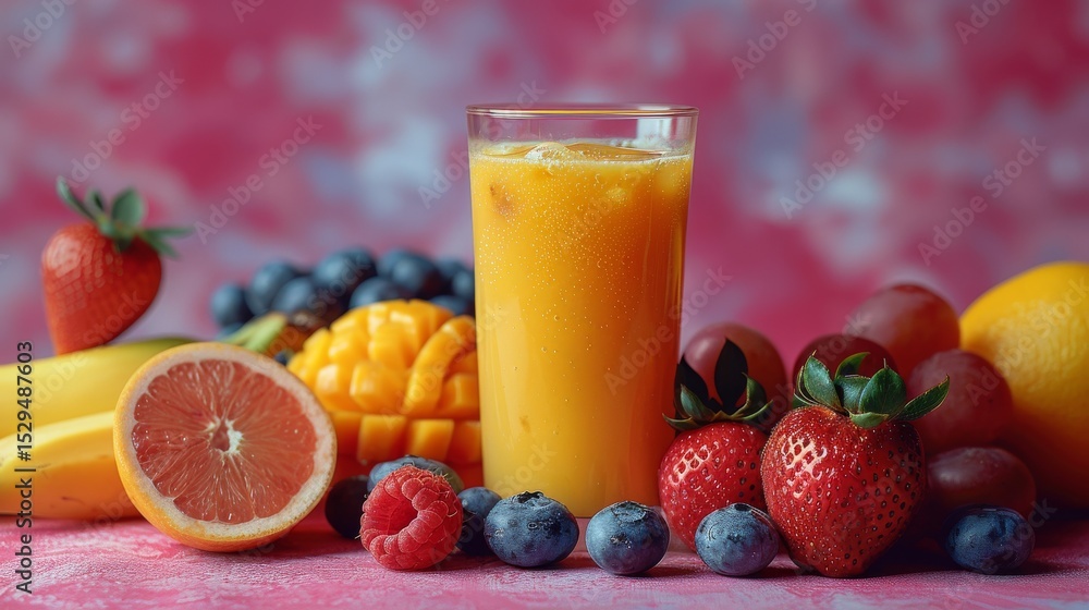 Poster an enticing display of a refreshing juice surrounded by an array of colorful fruits, symbolizing hea