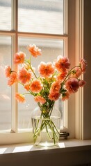 Pink ranunculus flowers in sunlit vase window
