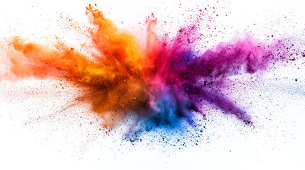 A vibrant blast of multicolored powder explodes across a white backdrop, creating an energetic abstract design