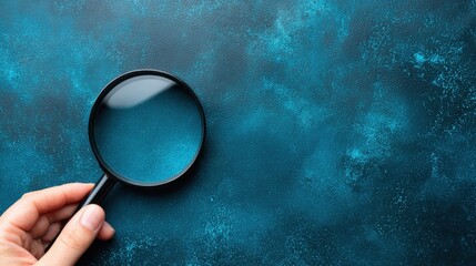 A hand holds a magnifying glass over a textured blue surface, highlighting details and emphasizing focus and observation.