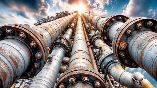 Industrial pipeline infrastructure with weathered steel pipes, flanges, bolts. Heavy machinery equipment at petrochemical facility. Complex tubular network system against sky. Manufacturing plant