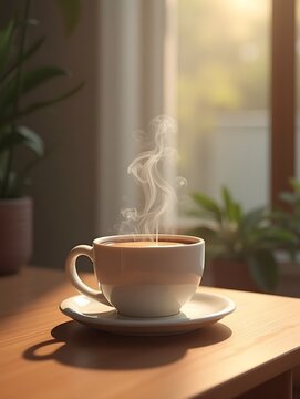 A cup of coffee on a table with a steam coming out