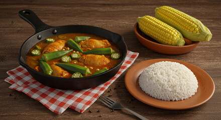 Chicken cooked in sauce with okra