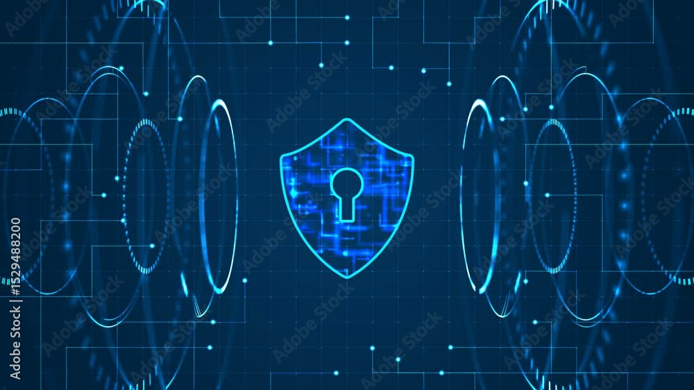 Poster cyber security concept. shield with keyhole icon on digital data background