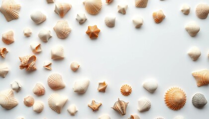 Neatly arranged seashells on pristine white background, tide, minimal