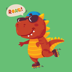 Cool dinosaur vector drawing. Dinosaur Roller Skating Cartoon Character Saying Roar 