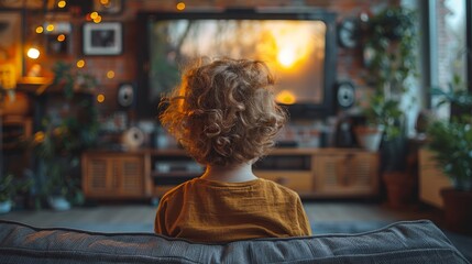 A young child sits on a couch with curly hair, enjoying a captivating show on a bright TV screen, creating a warm and cozy ambiance in a vibrant living room setting.