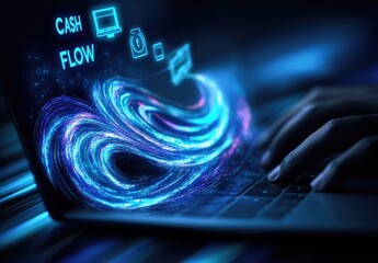 Hands typing on laptop, glowing cash flow icons
