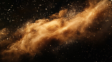 Fine brown dust and golden particles swirl against black, resembling a windblown desert storm in motion