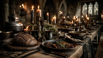 Cinematic still lifes of pirate tavern tables with roasted meat, gold coins, goblets, and candlelight