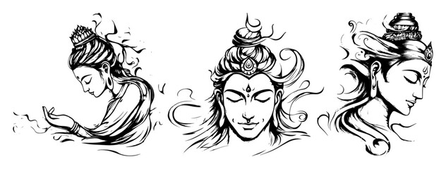 hand drawn female buddha portrait vector set