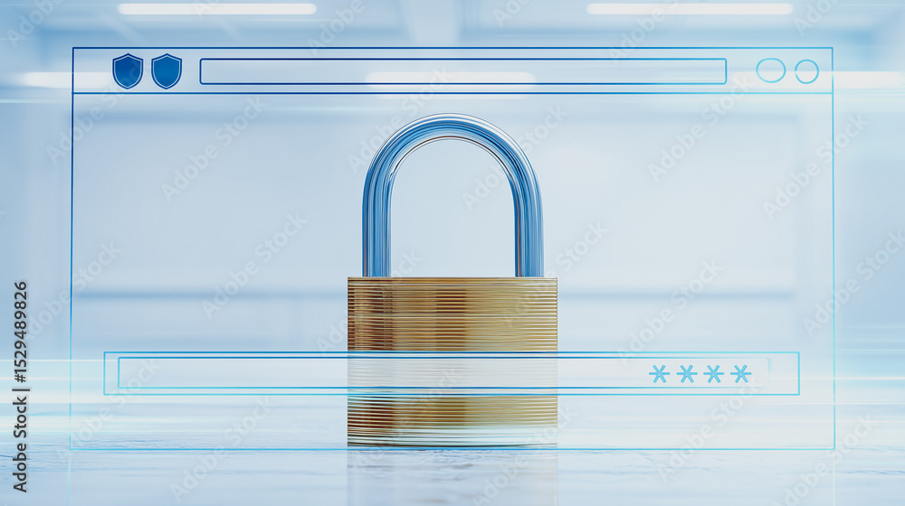 Poster digital security lock: an illustration featuring a golden padlock securing a digital web browser int