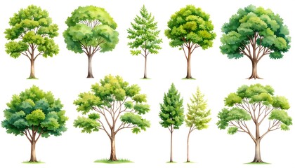 Green trees collection with watercolor style.