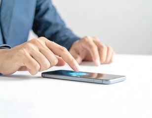 Man interacting with a smartphone on a white surface, wearing a blue jacket.