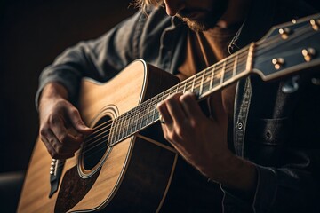 Man playing acoustic guitar with focus on his hands and the guitar body in dim lighting