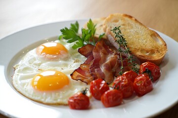 Golden eggs and crisp bacon arranged with roasted tomatoes and triangular toast slices. Morning plate with eggs, bacon, tomatoes and toast on white background.