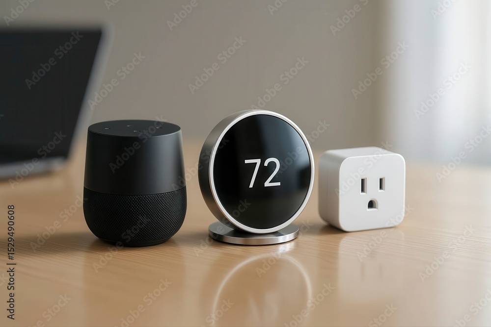 Aufkleber a google home device with a thermostat and a smart plug on a table