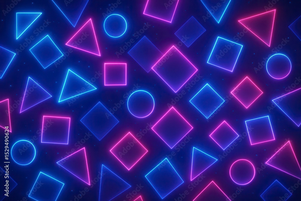 Poster neon geometric shapes pattern with circles squares and triangles glow
