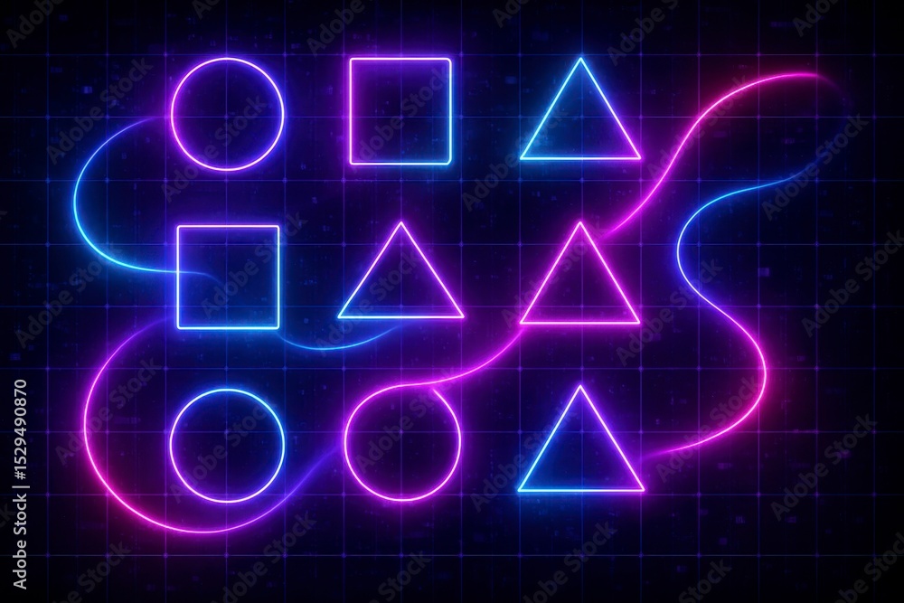Aufkleber neon shapes connected by wavy lines on a dark grid background image