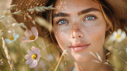 A serene portrait of a young woman with freckles and blue eyes, surrounded by flowers in a field, capturing the beauty of nature and femininity in a soft, dreamy setting.