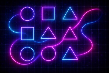 Neon shapes connected by wavy lines on a dark grid background image