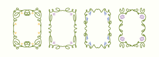Set of Hand Drawn Floral Frames with Colorful Flowers. Naive Spring Borders in Green and Pastel Colors. Decorative Vintage Templates for Cards, Invitations, Posters. Vector Illustration