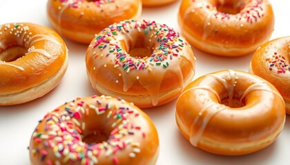 Golden-brown donuts with sprinkles, glazed, isolated on white,  delicious,  isolated