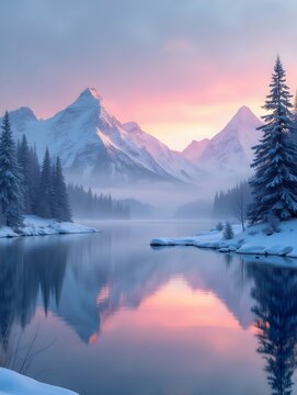 Snowy Mountain Peaks Reflected in Calm Winter Lake at Sunset