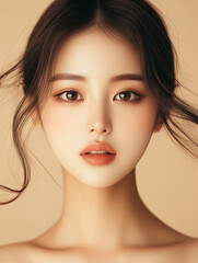 Naklejka premium a beauty portrait of a Korean woman, looking fierce into the camera, glowing skin