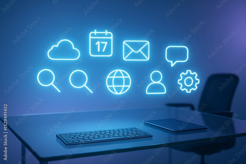 Poster blue neon icons floating above desk with keyboard and tablet device