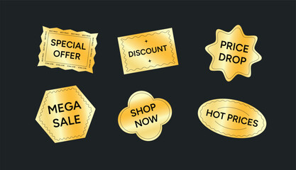 Gold Label Sticker Set with Texts Special Offer, Discount, Price Drop, Mega Sale, Shop Now, Hot Prices. Glossy Metallic Shapes for Promotion. Vector Illustration.