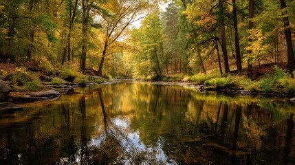 Autumnal River Reflection: Golden Canopy Over Still Waters