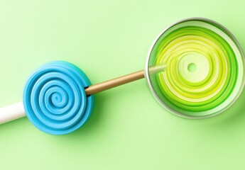 Abstract geometric shapes, light teal and lime green circles connected by a metallic rod on a pastel background