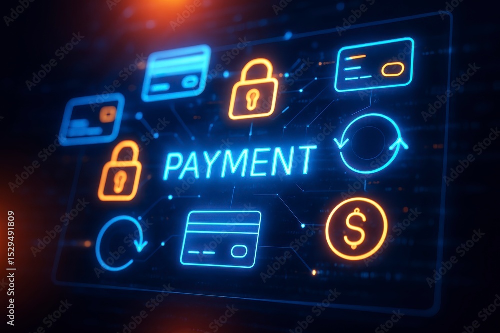 Poster glowing payment interface with credit cards and security icons display