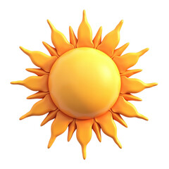 Stylized 3D rendering of a bright yellow sun icon with pointed rays on a transparent background PNG file