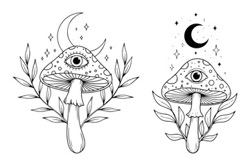 mystical mushrooms with third eye and moon elements