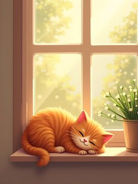 Cute ginger cat relaxing on window sill, enjoying warm sunlight