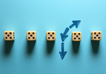 Five dice, light beige, on a light teal background. Two are pointing to each other with blue arrows