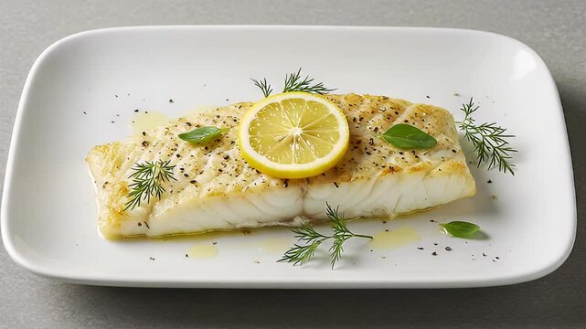 Prepared White Fish Filet Garnished With Lemon Wedge Thyme and Pepper on Rectangular Plate Placed on a Gray Wooden Table in Studio Lighting
