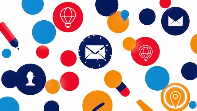 Colorful abstract background featuring various icons like envelopes and balloons, scattered among vibrant circles, creating a playful, modern design.