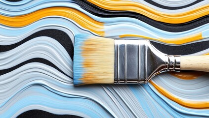 Paintbrush poised over a vibrant, abstract wave pattern of blue, gray, and orange hues on a black background