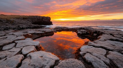 Obraz premium A breathtaking sunset casts vibrant colors across the horizon while reflecting on a tranquil pool of water surrounded by rugged rocks, showcasing nature's beauty at dusk.