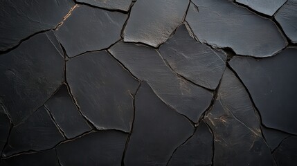 A close-up view of a textured black slate background made of uneven stone pieces, offering an artistic canvas that conveys strength and elegance for various design applications.