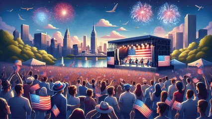 Independence Day Concert, A lively outdoor concert scene with a patriotic band on stage 