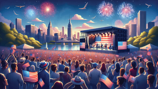 Independence Day Concert, A lively outdoor concert scene with a patriotic band on stage 